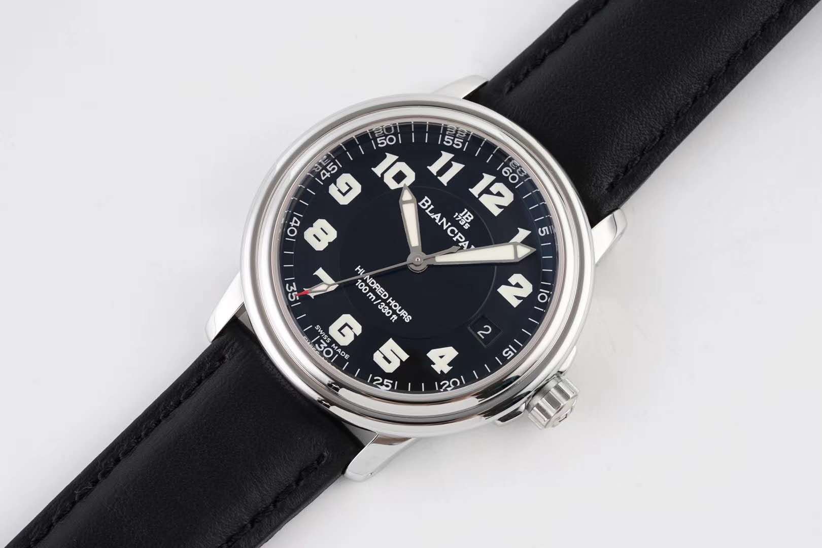 Hundred Hours Black Dial in Steel on Black Leather Strap