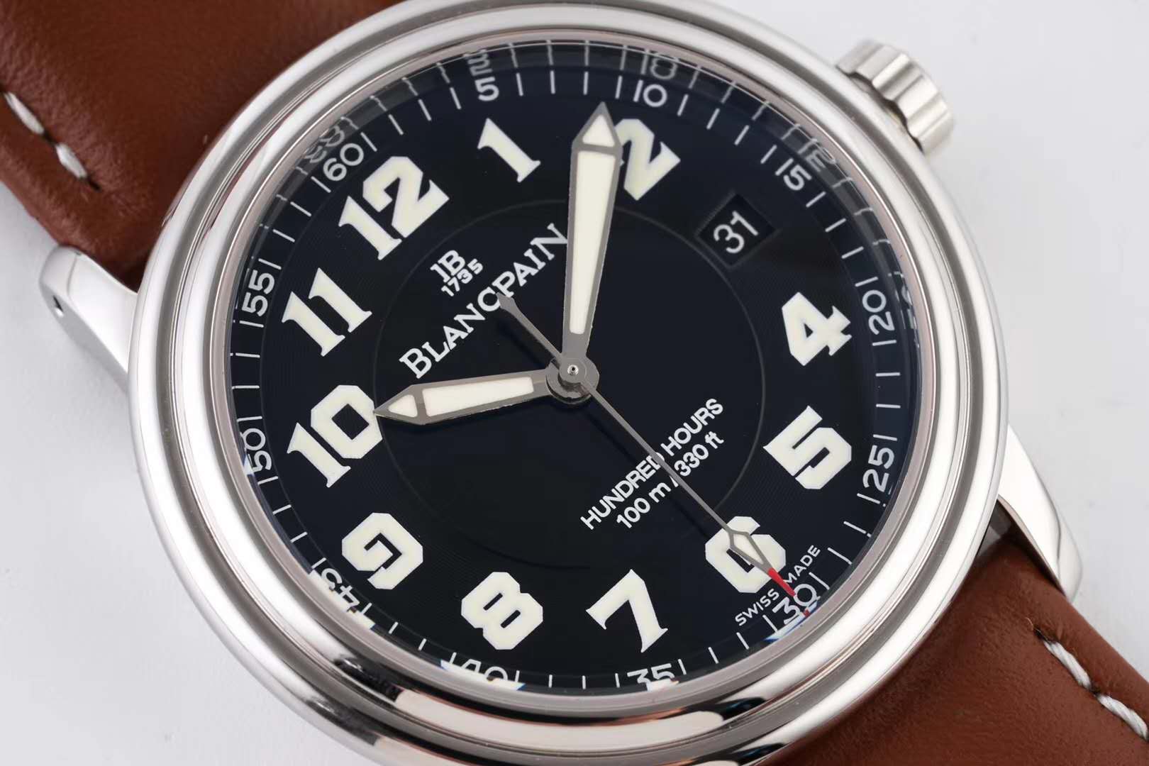 Hundred Hours Black Dial in Steel on Brown Leather Strap