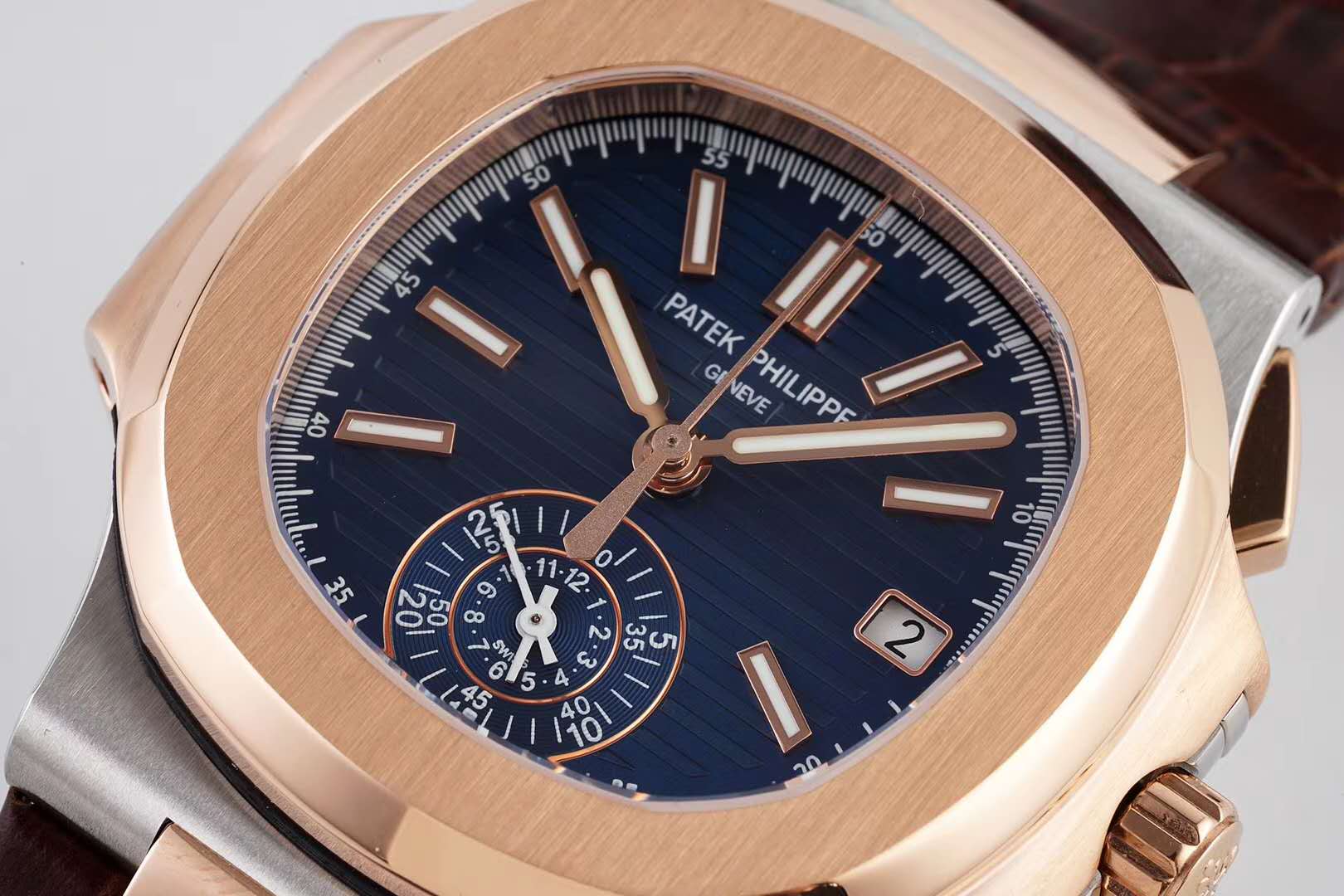 Nautilus Chronograph 5980/1AR in Steel and Rose Gold on Brown Leather Strap