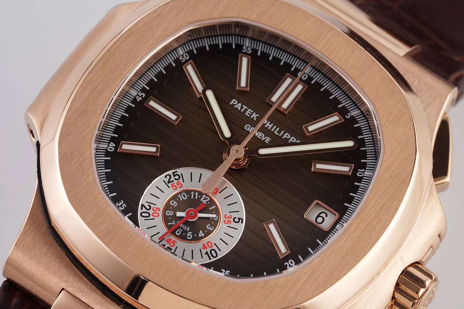 Nautilus Chronograph 5980/R-001 in Rose Gold on Brown Leather Strap