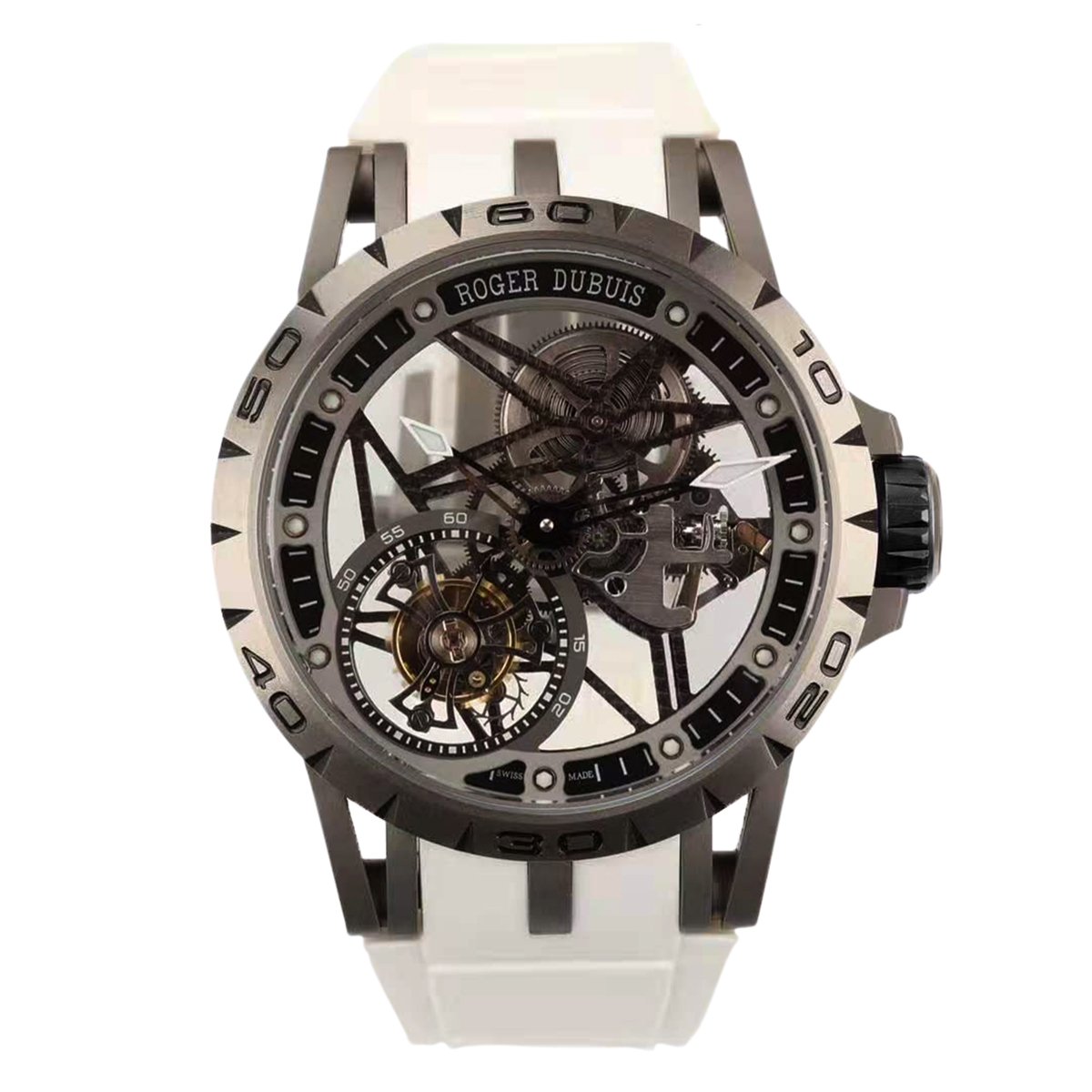 Excalibur Spider Skeleton Flying Tourbillon with White Rubber Strap