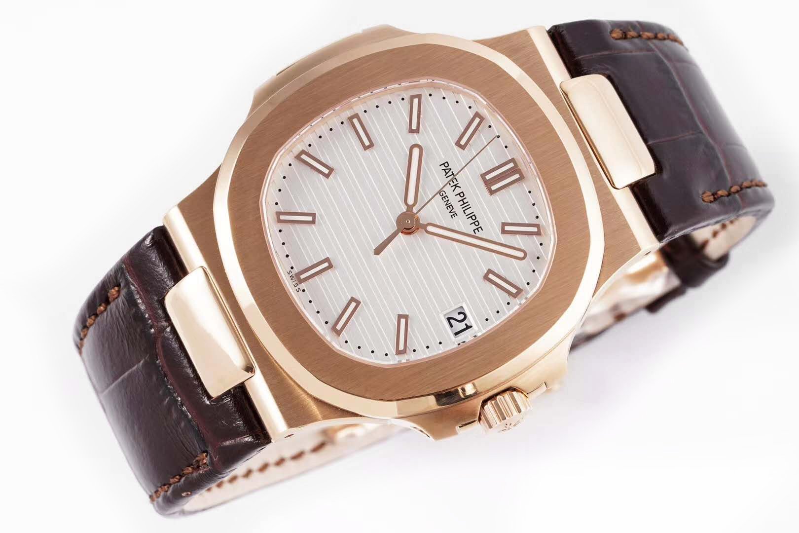 Nautilus Jumbo 5711 White Dial in Rose Gold with Brown Leather Strap