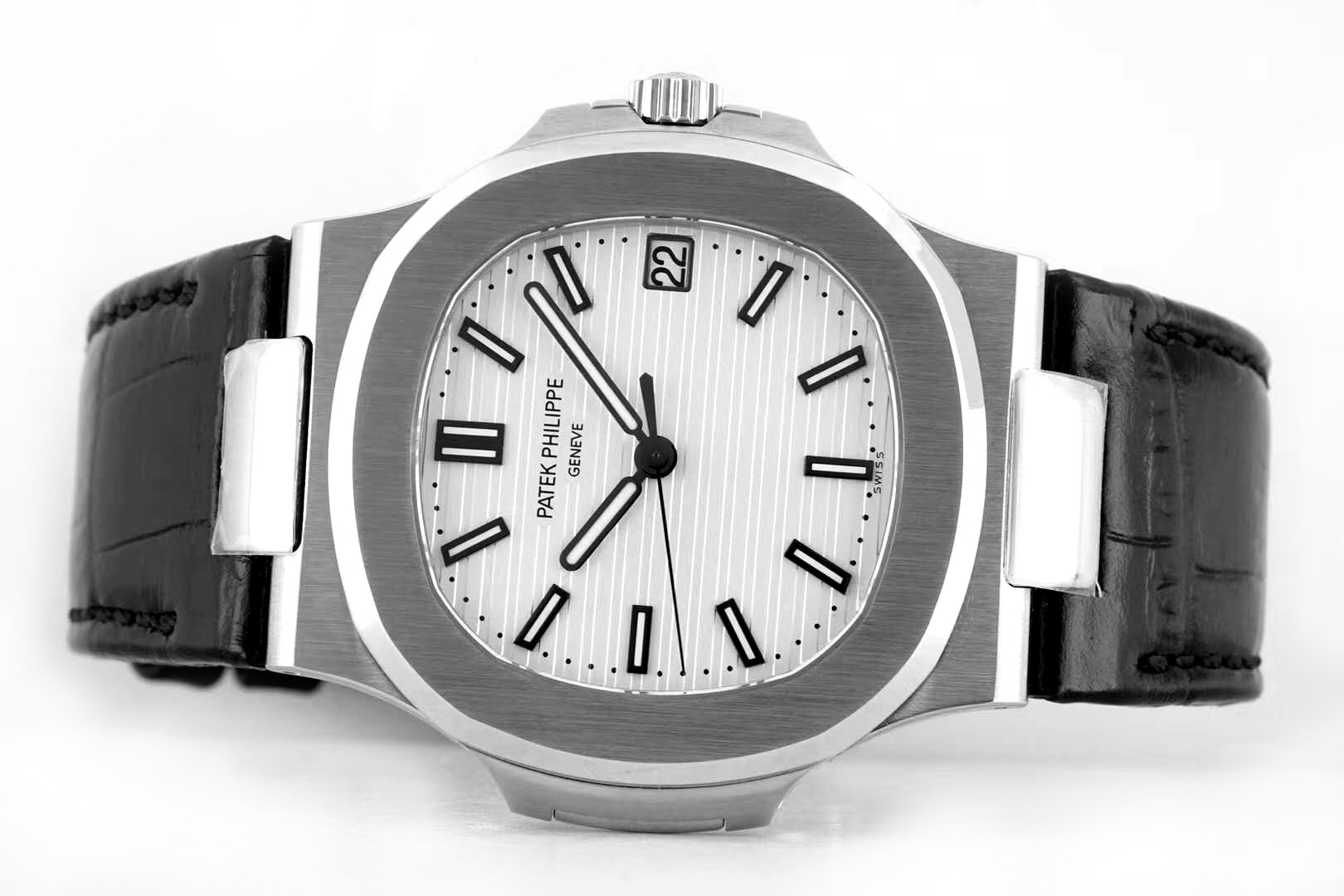 Nautilus Jumbo 5711 White Dial in Steel with Black Leather Strap