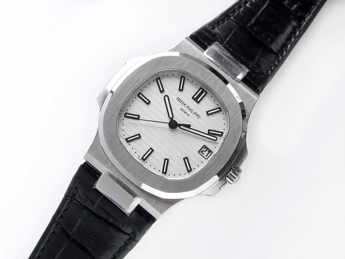 Nautilus Jumbo 5711 White Dial in Steel with Black Leather Strap