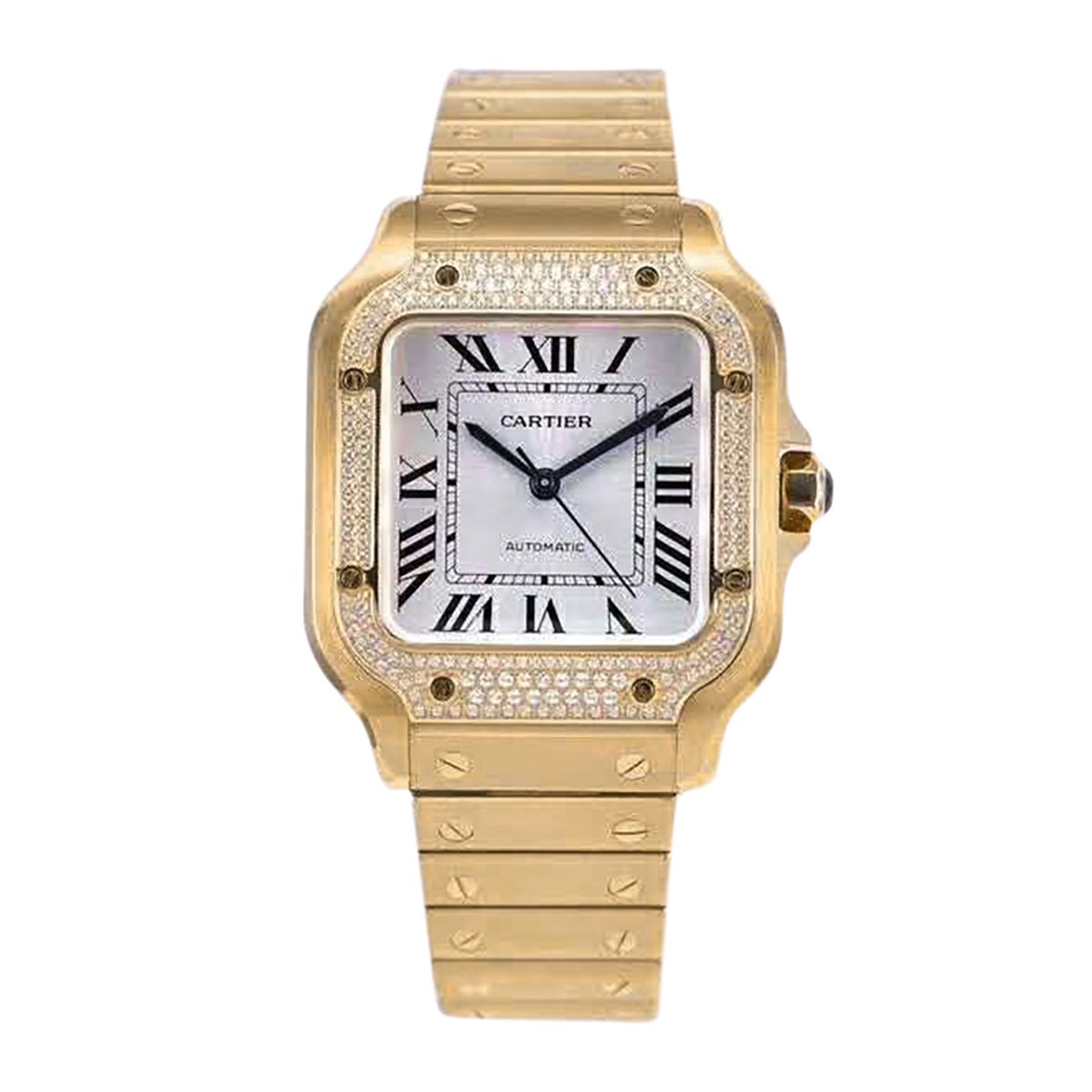 Santos de Ca*t1er White Dial with D1am0nd Bezel in Yellow Gold