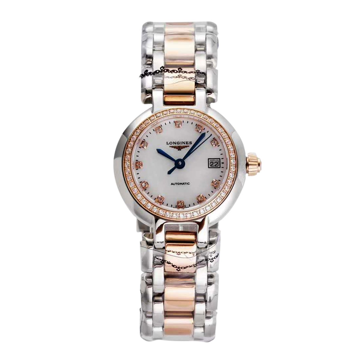 Primaluna MOP White Dial with D1am0nd Markers and D1am0nd Bezel in Rose Gold