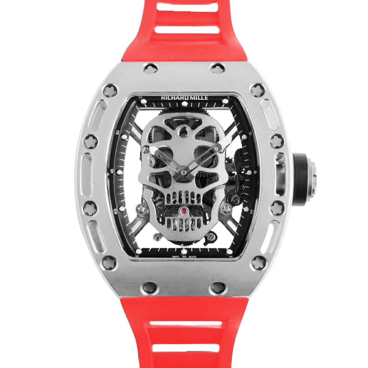 RM 052-01 Tourbillon Skull in Titanium on Red Rubber Strap