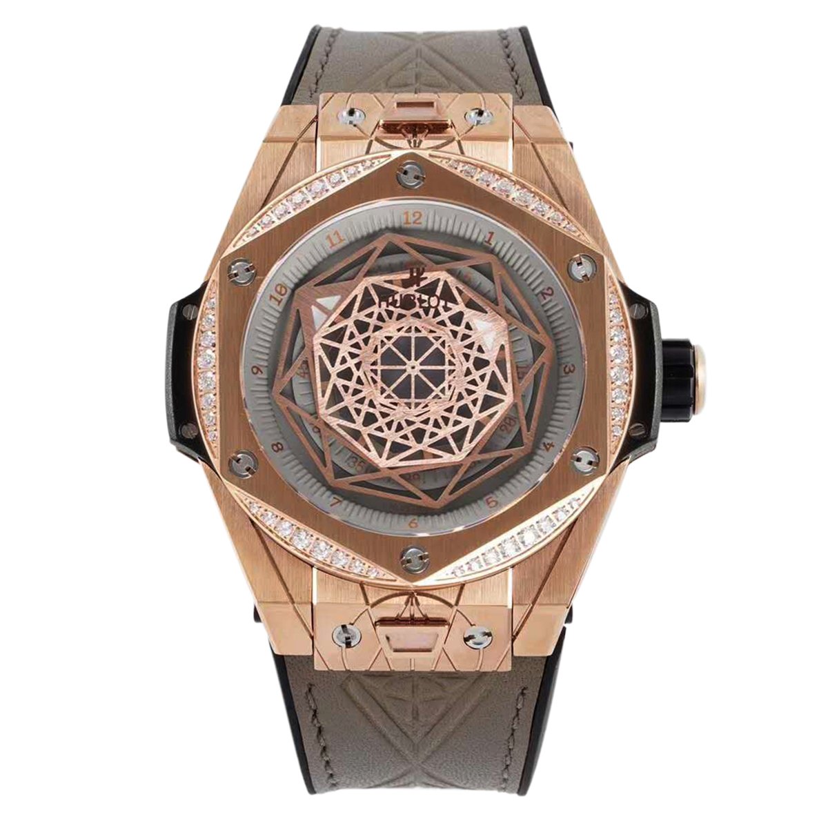 Big Bang Unico Sang Bleu in Rose Gold with D1am0nd Bezel on Brown Leather Strap