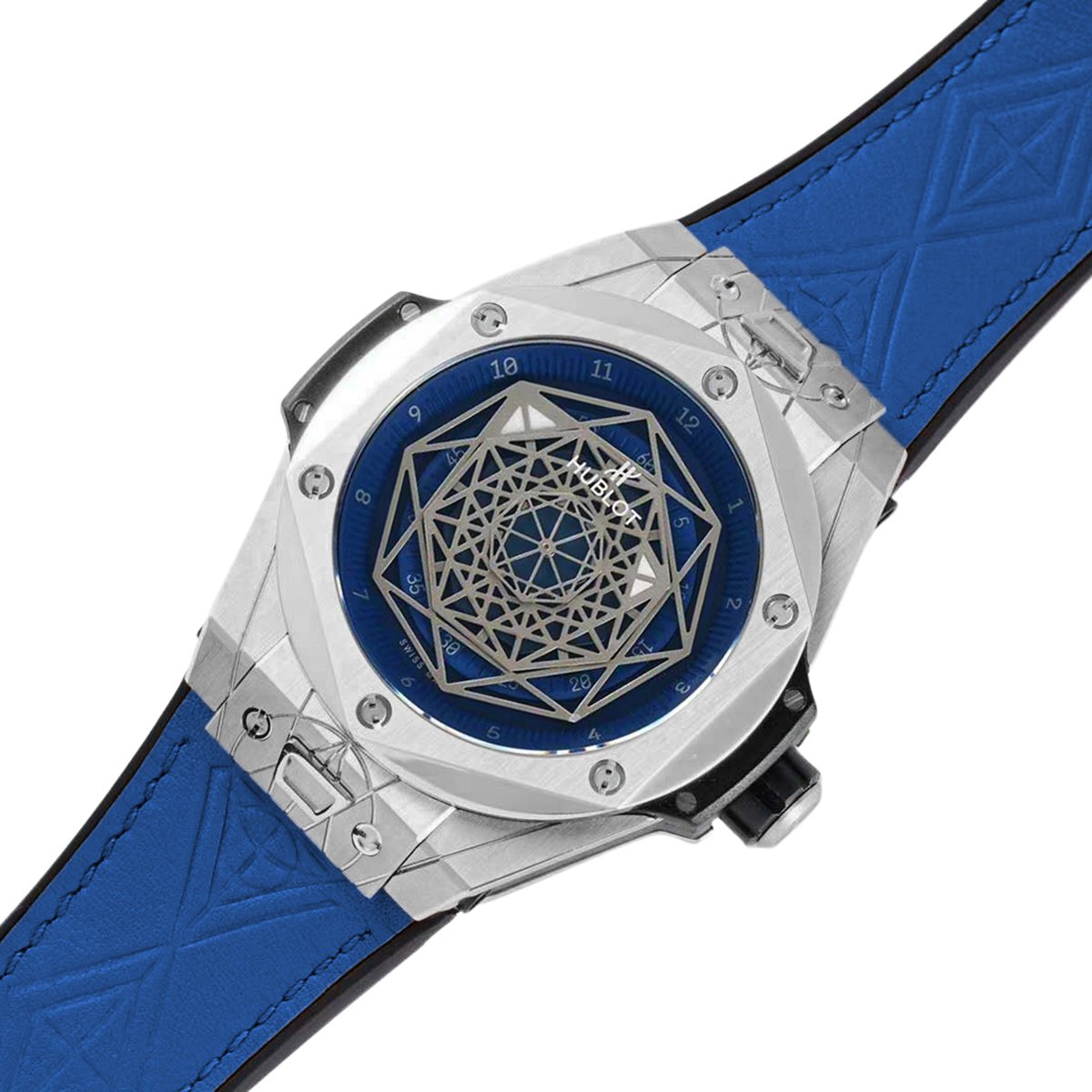Big Bang Unico Sang Bleu in Steel on Blue Leather Strap