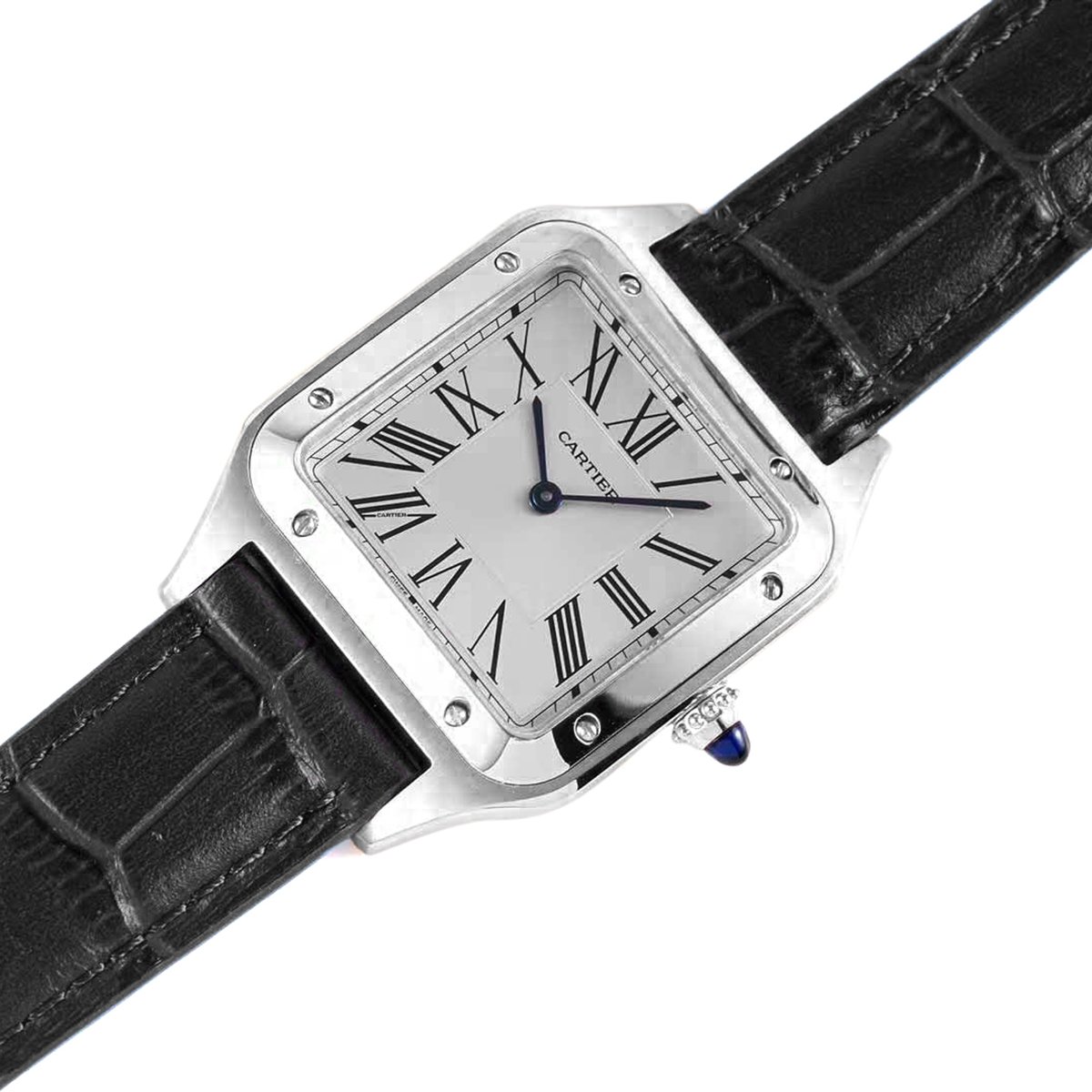 Santos-Dumont White Dial in Steel on Black Leather Strap