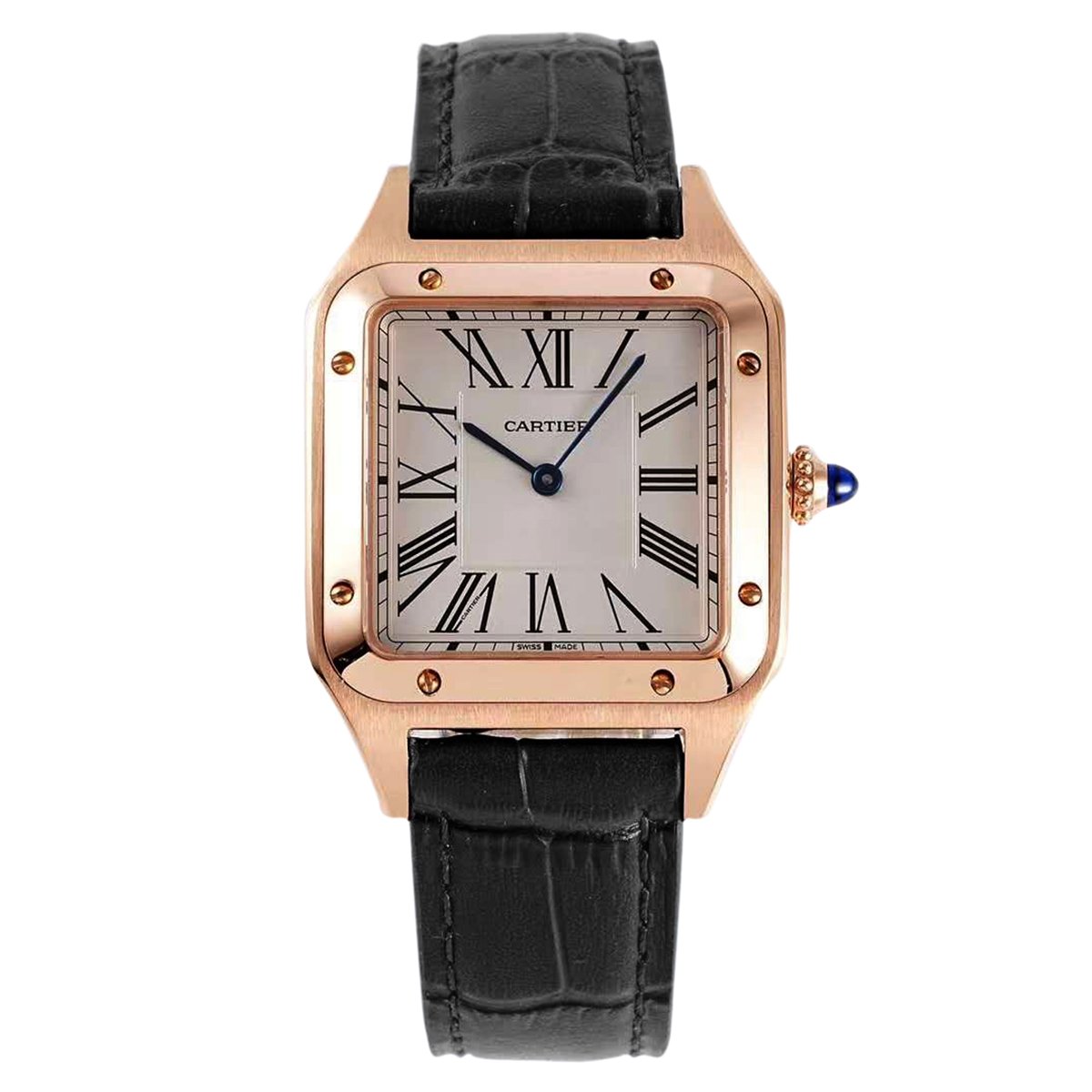 Santos-Dumont White Dial in Rose Gold on Black Leather Strap