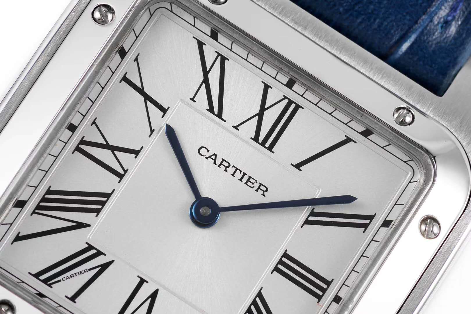 Santos-Dumont White Dial in Steel on Blue Leather Strap