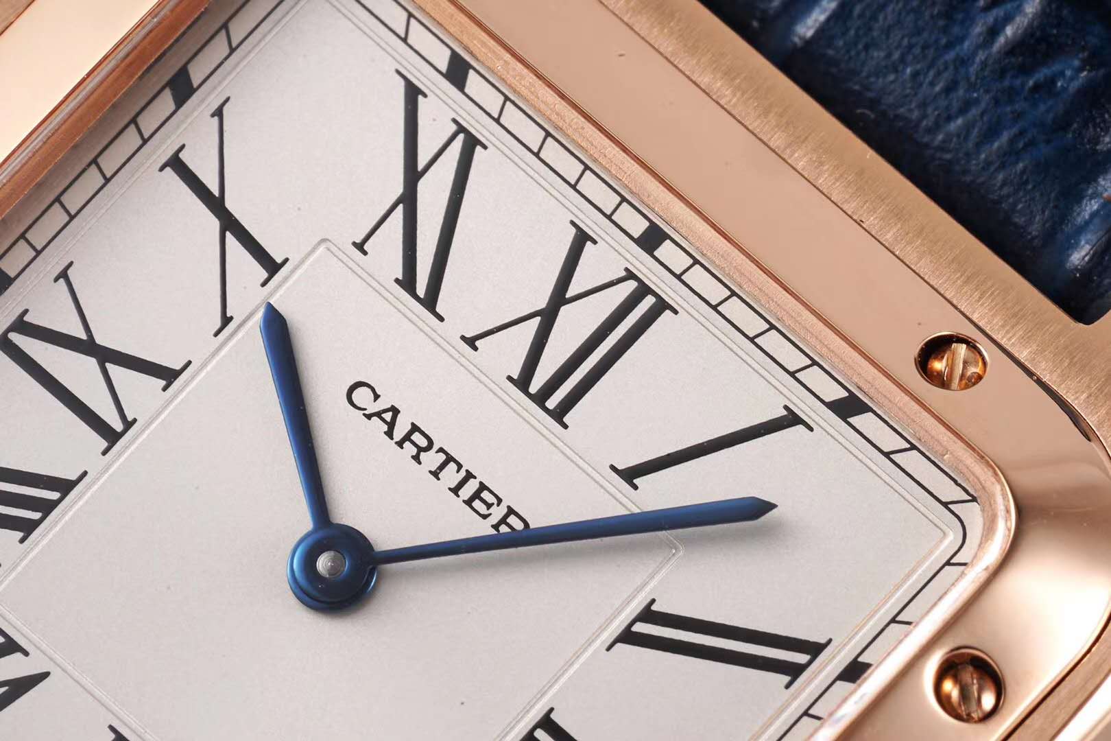 Santos-Dumont White Dial in Rose Gold on Blue Leather Strap