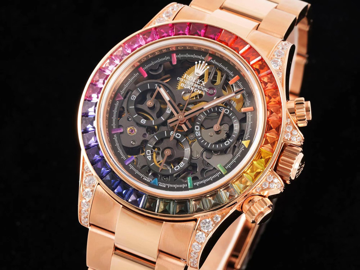 Blaken Daytona Skeleton Dial with Rainbow D1am0nd Bezel in Rose Gold