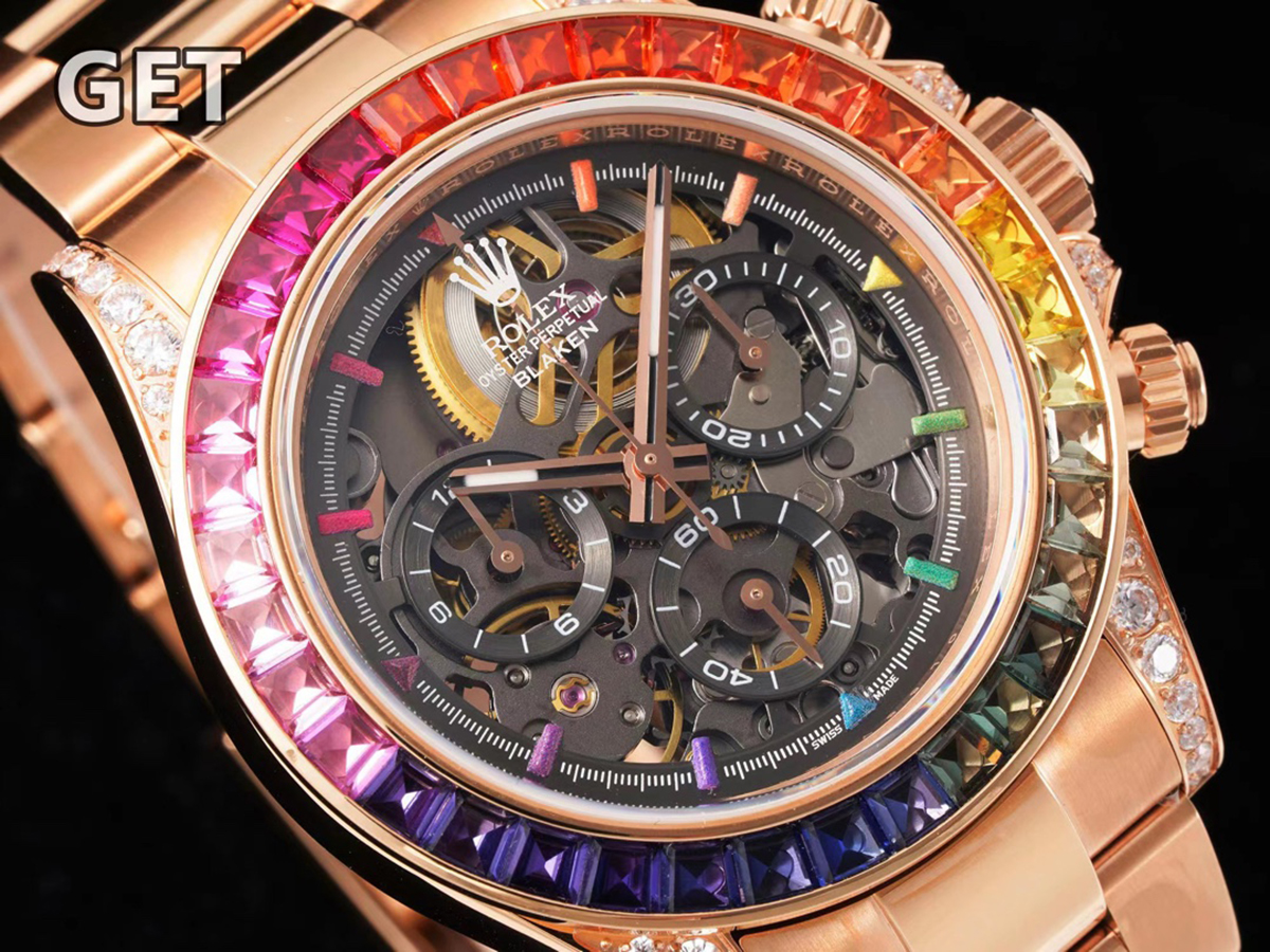 Blaken Daytona Skeleton Dial with Rainbow D1am0nd Bezel in Rose Gold