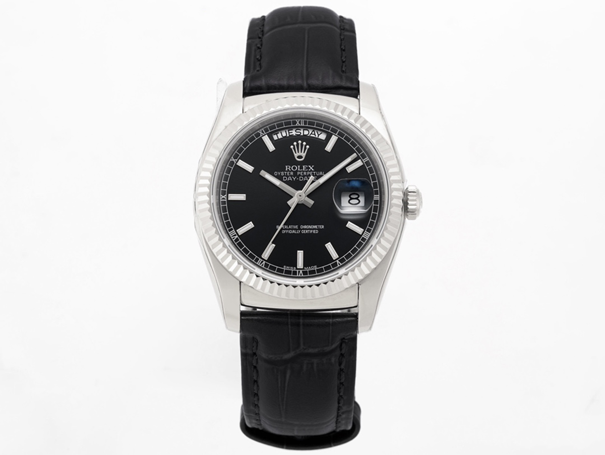 Day-Date 40 Black Dial in White Gold on Leather Strap
