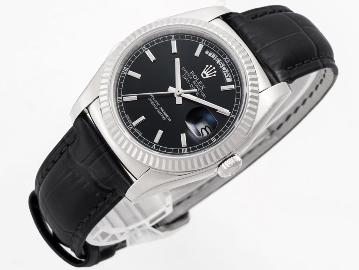 Day-Date 40 Black Dial in White Gold on Leather Strap