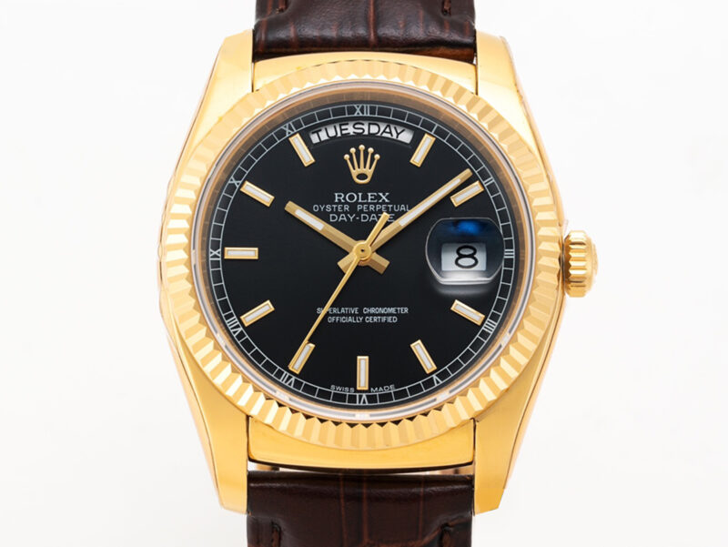Day-Date 40 Black Dial in Yellow Gold on Leather Strap