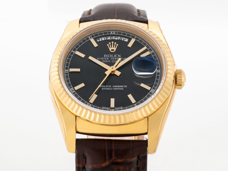 Day-Date 40 Black Dial in Yellow Gold on Leather Strap