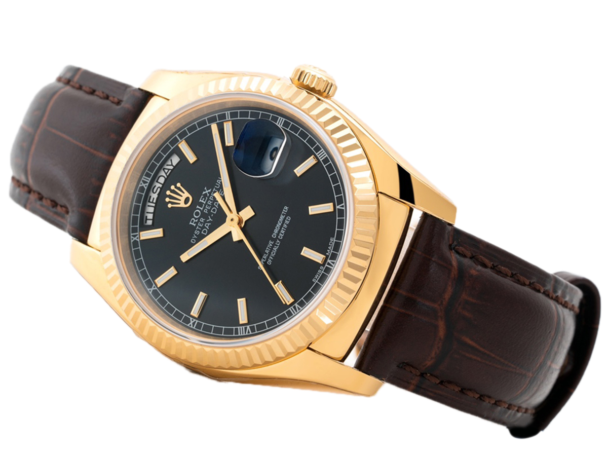 Day-Date 40 Black Dial in Yellow Gold on Leather Strap