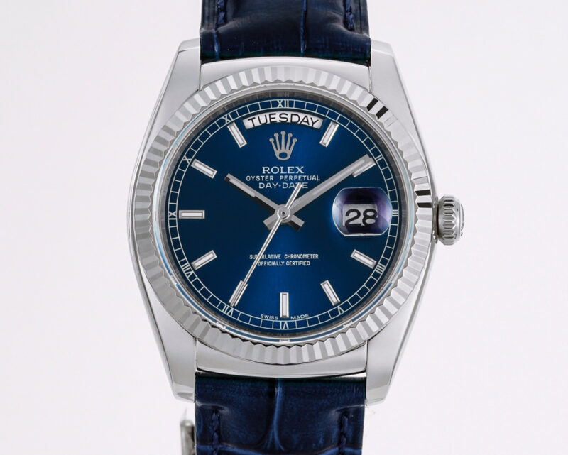 Day-Date 40 Blue Dial in White Gold on Leather Strap