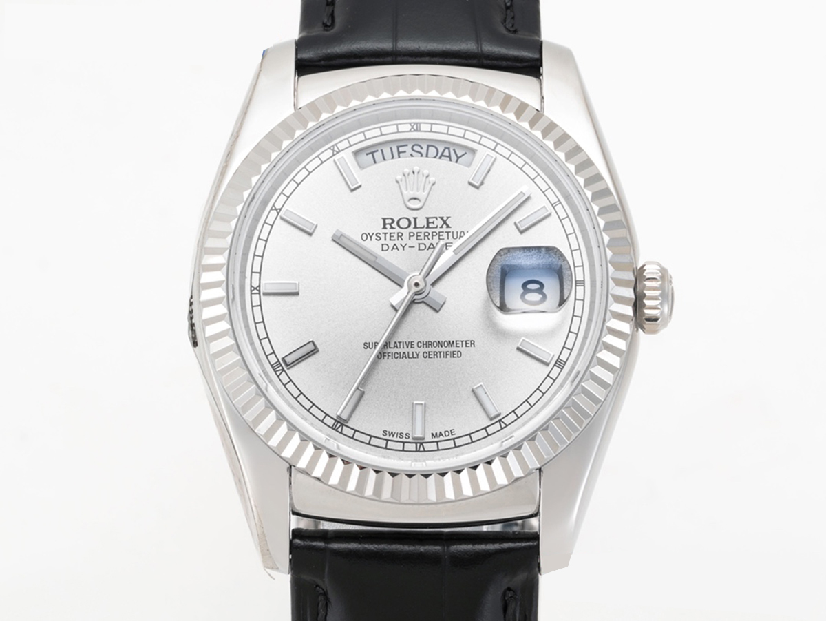 Day-Date 40 Silver Dial in White Gold on Leather Strap