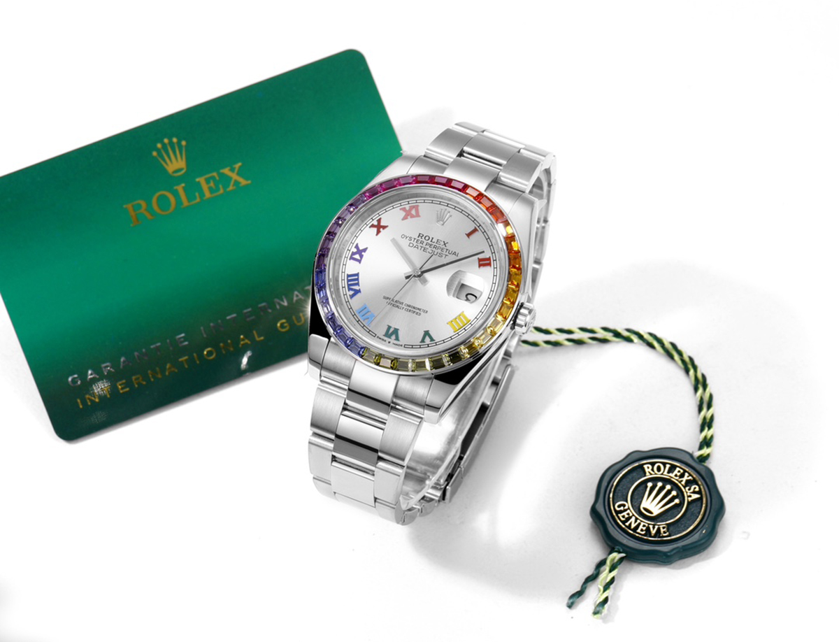 Datejust 41 Silver Dial Roman Markers with Rainbow D1am0nd Bezel in Steel on Oyster Bracelet