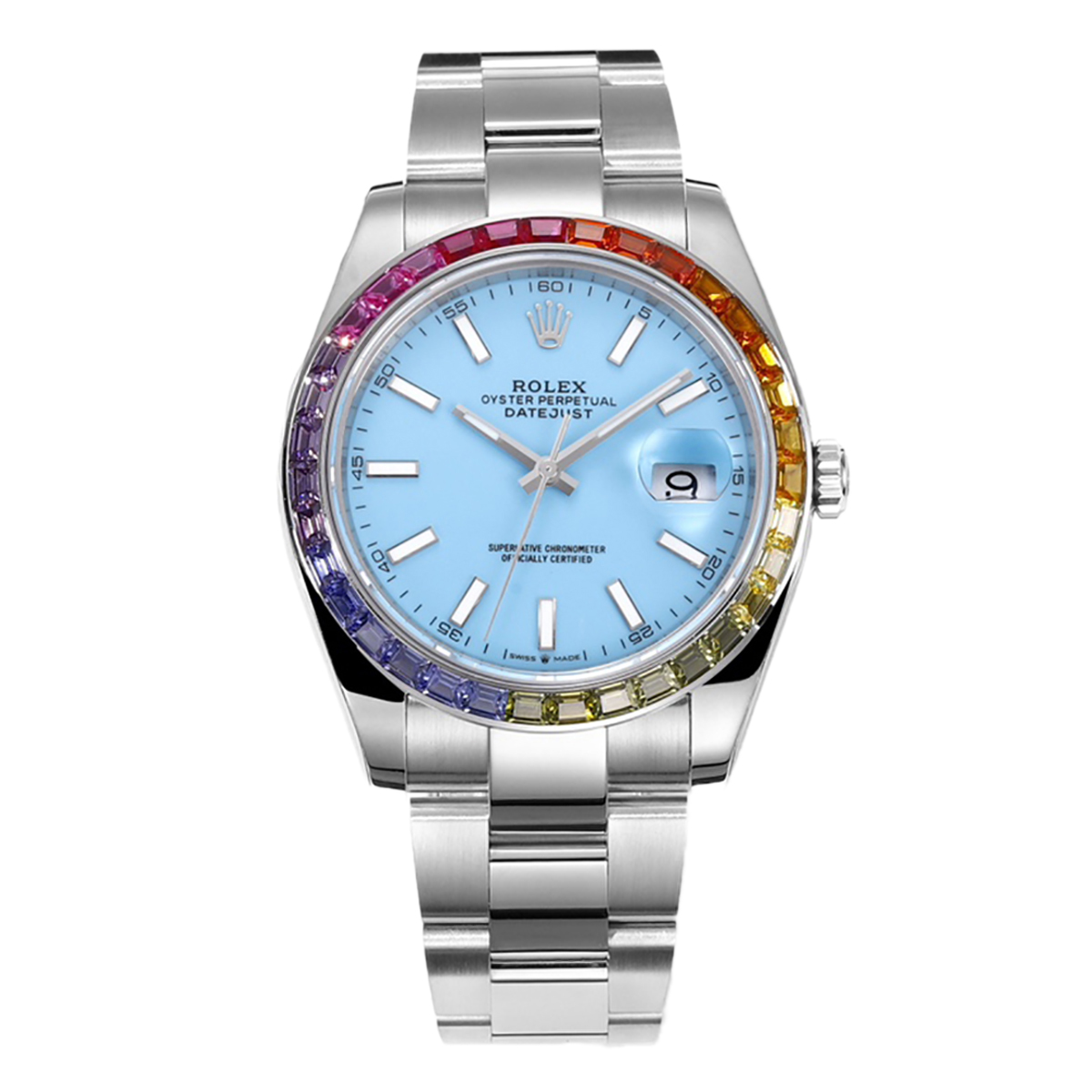 Datejust 41 T*f*ny Blue Dial Stick Markers with Rainbow D1am0nd Bezel in Steel on Oyster Bracelet