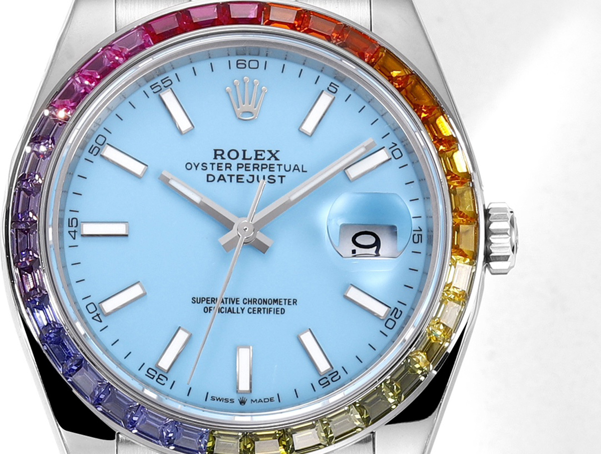 Datejust 41 T*f*ny Blue Dial Stick Markers with Rainbow D1am0nd Bezel in Steel on Oyster Bracelet