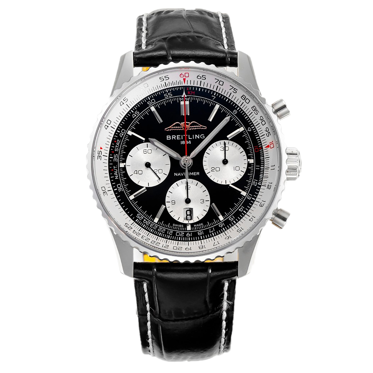 Navitimer B01 Chronograph 43 Black Dial in Steel on Leather Strap Ref. AB0138211B1P1