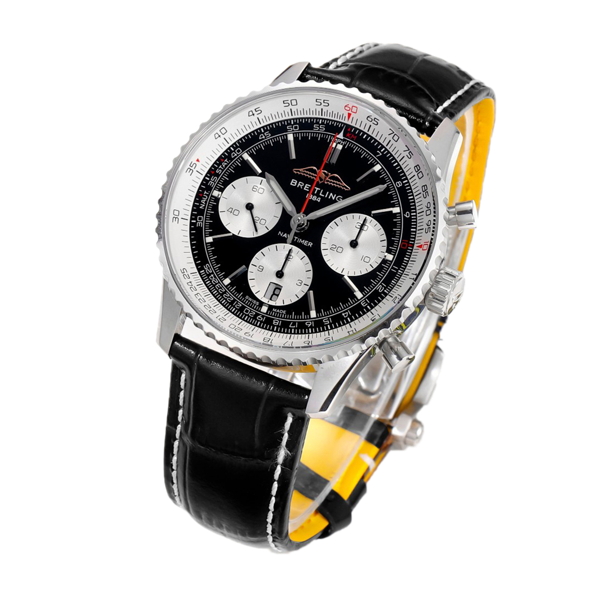 Navitimer B01 Chronograph 43 Black Dial in Steel on Leather Strap Ref. AB0138211B1P1