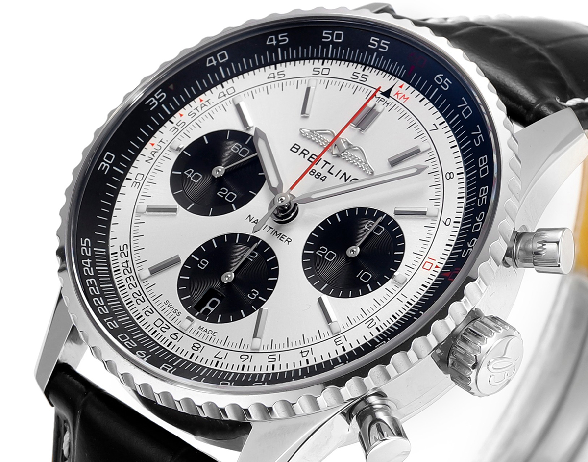 Navitimer B01 Chronograph 43 Silver Dial in Steel on Leather Strap Ref. AB0138241G1P1